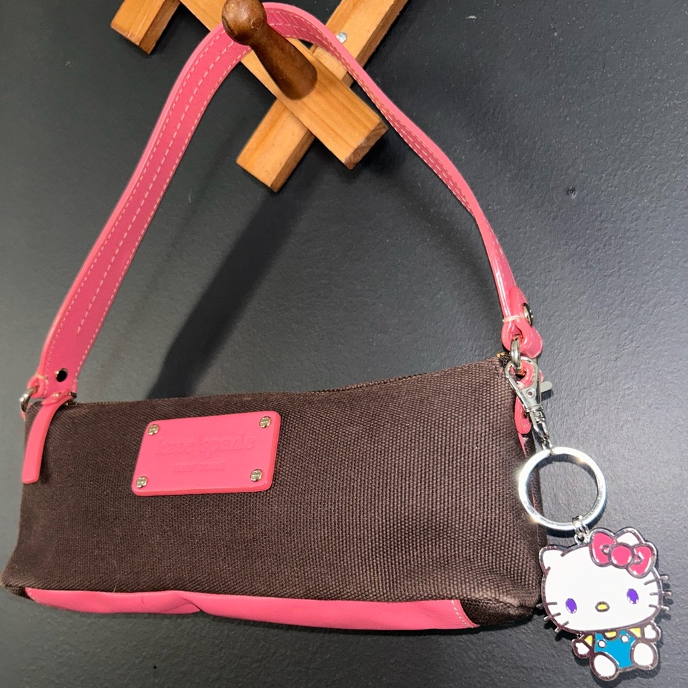 Vintage Kate Spade Mini Bag Brown Canvas with Pink Leather Trim & HelloKitty Tag - Picture 3 of 16